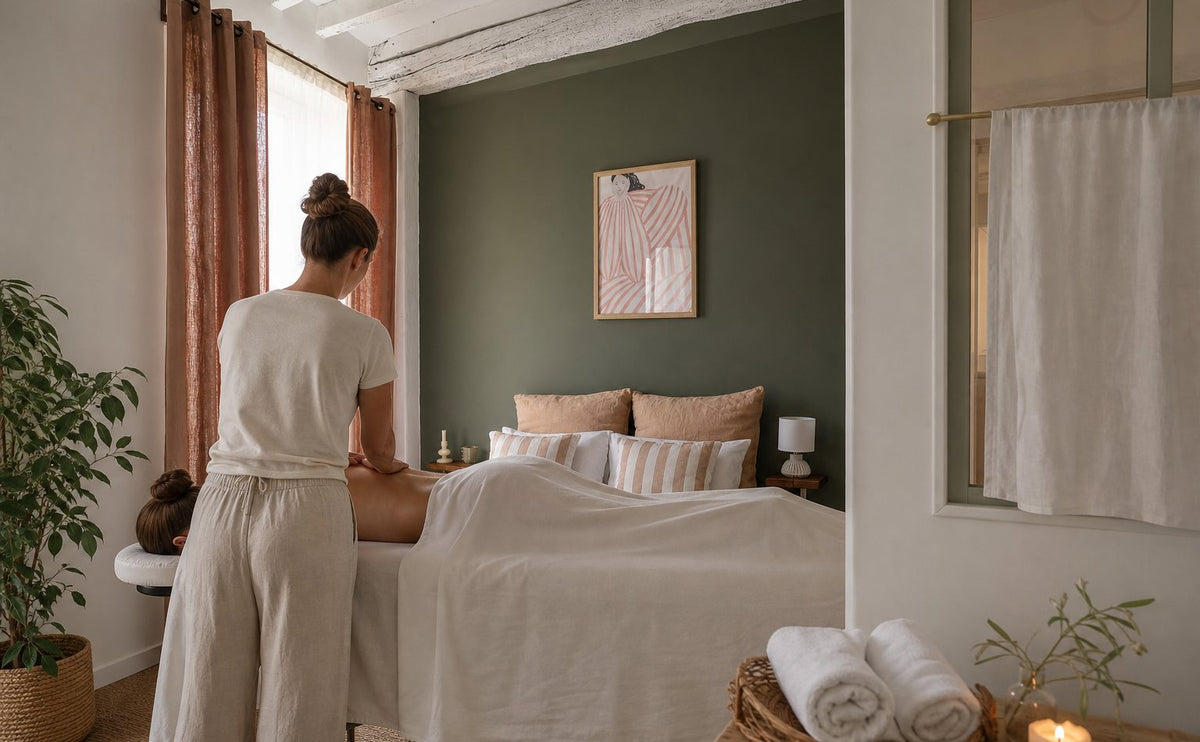 Massage privatif dans une chambre du Pavillon, murs vert olive, rideaux terracotta et linge blanc