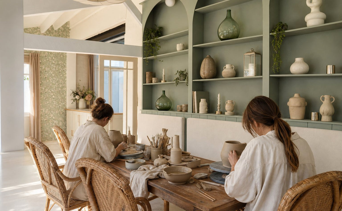 Atelier poterie autour de la grande table du Pavillon, devant les étagères vert sauge en arcades