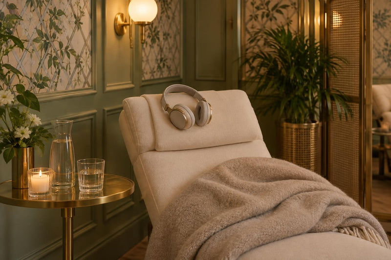 Fauteuil de relaxation, plaid et casque audio dans un kiosque bien-être