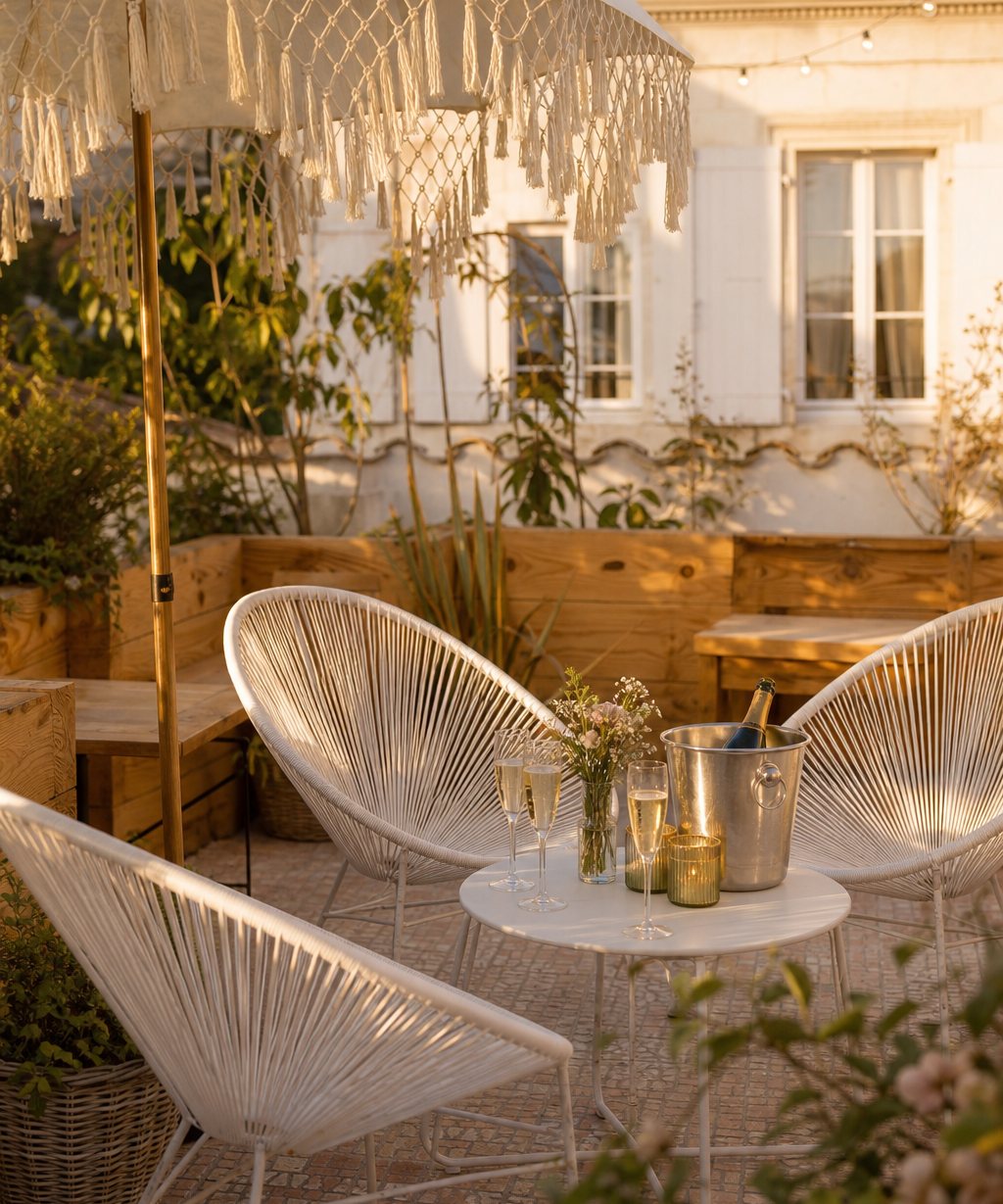 Champagne entre amies sur la terrasse du Pavillon, fauteuils blancs ajourés et parasol à franges