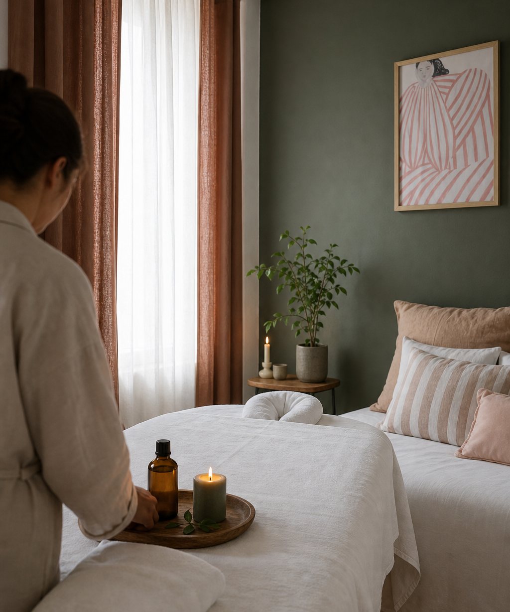 Espace massage et détente dans une chambre du Pavillon, linge blanc, bougie et plante verte