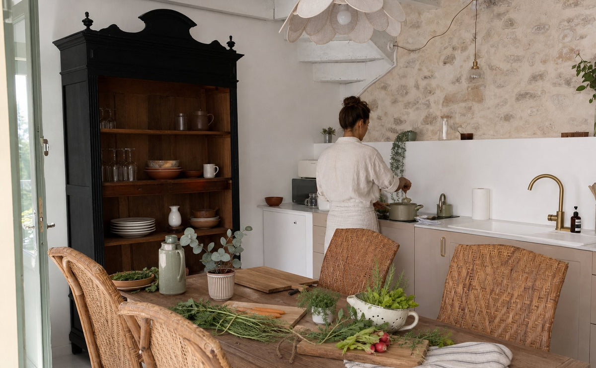 Cuisine créative avec un chef dans la cuisine du Pavillon, légumes de saison sur la grande table en bois
