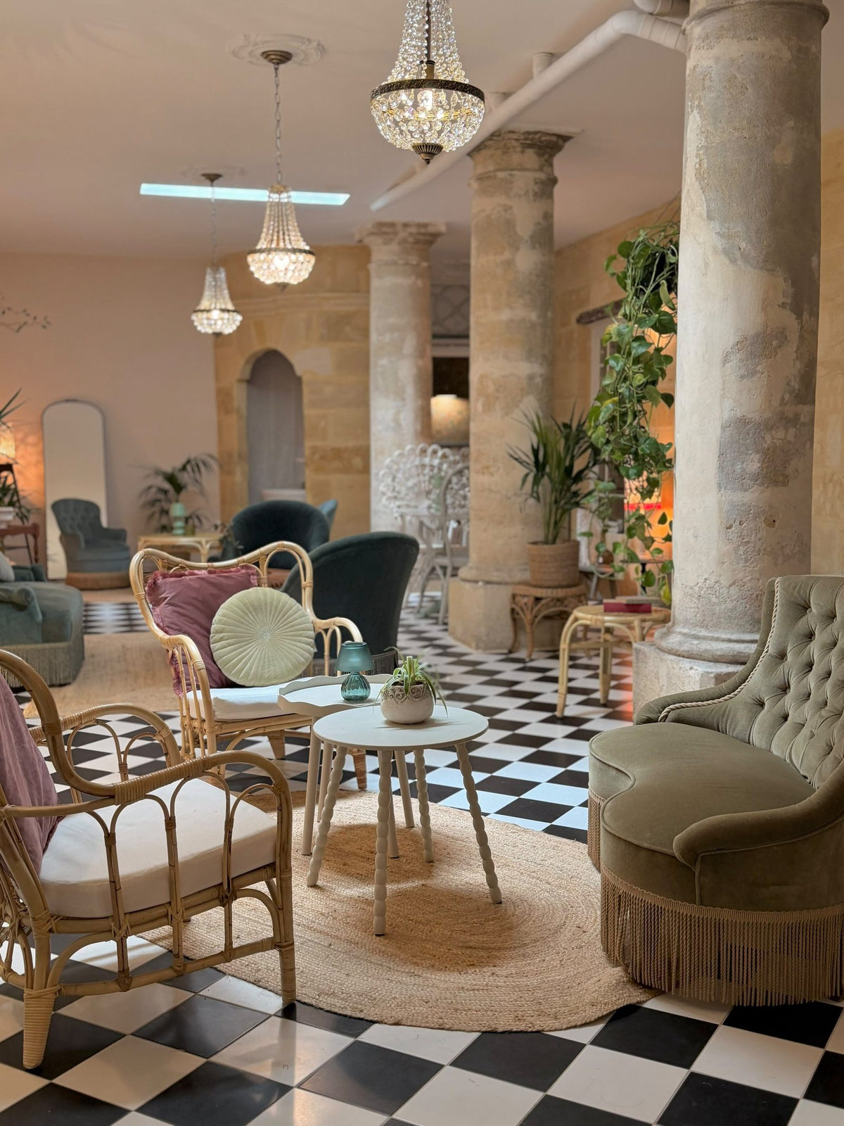 La Salle des Colonnes, fauteuils velours et damier